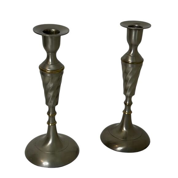 Vintage Silver Tone Metal Candlesticks Pair 10″ Twisted Stem Taper Holders - Picture 2 of 6